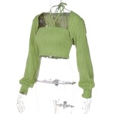 Women Spring Green Halter Solid Short Vest and Cape Two Piece Tops
