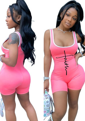 Women Summer Pink Casual O-Neck Sleeveless Letter Print Above Knee Skinny Rompers
