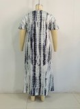 Women Summer Printed Casual V-neck Short Sleeves Snake Skin Maxi Plus Size Shirt Dress