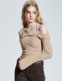 Women Spring Khaki Halter Solid Short Vest and Cape Two Piece Tops