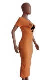 Women Summer Orange Casual O-Neck Short Sleeves Printed Midi Bodycon Dress