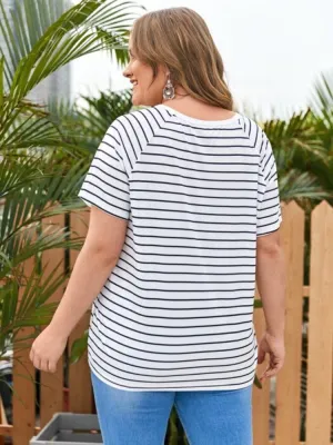Women Summer White Casual O-Neck Short Sleeves Striped Print Regular Plus Size Shirt