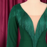 Women Spring Green Vintage V-neck Full Sleeves Solid Fringed Evening Dress