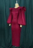 Women Spring Burgunry Formal O-Neck Full Sleeves Solid Ruffles Evening Dress
