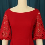 Women Summer Red Vintage O-Neck Short Sleeves Patchwork Lace Evening Dress