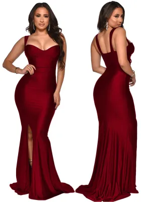 Women Summer Burgunry Formal Strap Sleeveless Solid Silt Evening Dress