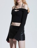 Women Spring Black Halter Solid Short Vest and Cape Two Piece Tops