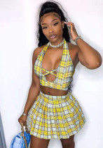 Women Summer Yellow Sexy Halter Sleeveless Plaid Print MiniTwo Piece Skirt Set