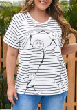 Women Summer White Casual O-Neck Short Sleeves Striped Print Regular Plus Size Shirt