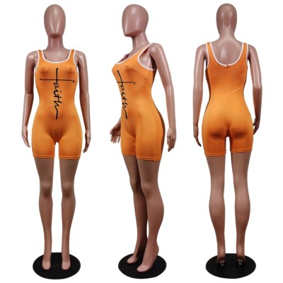 Women Summer Orange Casual O-Neck Sleeveless Letter Print Above Knee Skinny Rompers