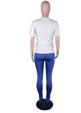 Women Summer Blue Casual O-Neck Short Sleeves Printed Regular Two Piece Pants Set