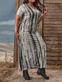 Women Summer Printed Casual V-neck Short Sleeves Snake Skin Maxi Plus Size Shirt Dress