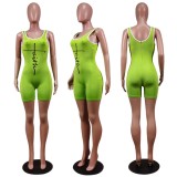 Women Summer Green Casual O-Neck Sleeveless Letter Print Above Knee Skinny Rompers