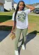 Women Summer Green Casual O-Neck Short Sleeves Printed Regular Two Piece Pants Set
