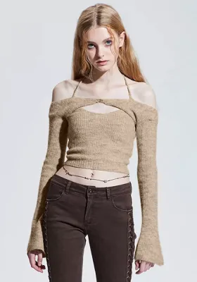 Women Spring Khaki Halter Solid Short Vest and Cape Two Piece Tops