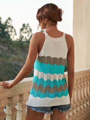 Summer Blue O-Neck Geometric Print Knitted Zippers Regular Tank Tops