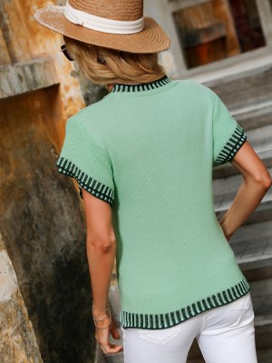 Women Summer Green Casual O-Neck Short Sleeves Solid Knitting Regular T-Shirt