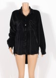 Women Spring Black Formal Turn-down Collar Full Sleeves Solid Velvet Pockets Long Shirt