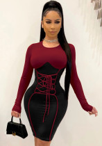 Women Spring Burgunry Sexy O-Neck Full Sleeves Patchwork Lace Up Knee-Length Bodycon Dress