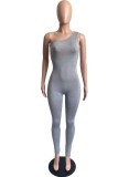 Women Spring Grey Sexy One Shoulder Sleeveless Solid Full Length Skinny Jumpsuit