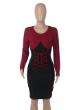 Women Spring Burgunry Sexy O-Neck Full Sleeves Patchwork Lace Up Knee-Length Bodycon Dress
