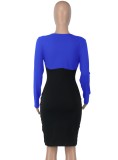 Women Spring Blue Sexy O-Neck Full Sleeves Patchwork Lace Up Knee-Length Bodycon Dress