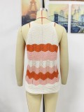 Women Summer Orange O-Neck Striped Print Knitted Hollow Out Regular Tank Tops