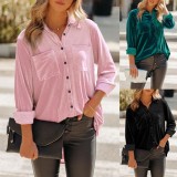 Women Spring Pink Formal Turn-down Collar Full Sleeves Solid Velvet Pockets Long Shirt