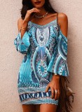 Women Summer Blue Casual Off-the-shoulder Full Sleeves Floral Print Straps Midi Loose Holiday Dress