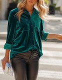 Women Spring Green Formal Turn-down Collar Full Sleeves Solid Velvet Long Shirt