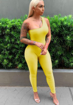 Women Summer Yellow Sexy One Shoulder Sleeveless Solid Full Length Skinny Jumpsuit