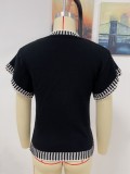 Women Summer Black Casual O-Neck Short Sleeves Solid Knitting Regular T-Shirt