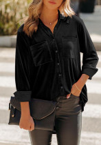 Women Spring Black Formal Turn-down Collar Full Sleeves Solid Velvet Pockets Long Shirt