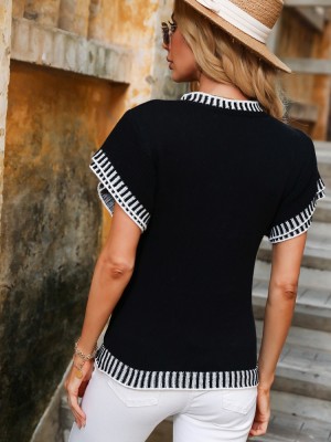 Women Summer Black Casual O-Neck Short Sleeves Solid Knitting Regular T-Shirt