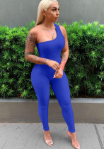Women Spring Blue Sexy One Shoulder Sleeveless Solid Full Length Skinny Jumpsuit