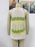 Women Summer Green O-Neck Striped Print Knitted Hollow Out Regular Tank Tops