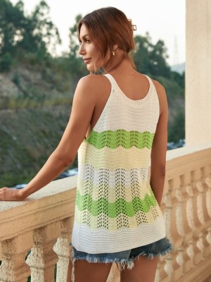 Women Summer Green O-Neck Striped Print Knitted Hollow Out Regular Tank Tops