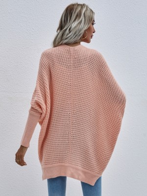 Women Spring Pink Batwing Sleeve Solid Long Cardigans