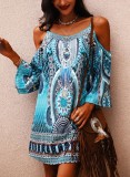 Women Summer Blue Casual Off-the-shoulder Full Sleeves Floral Print Straps Midi Loose Holiday Dress