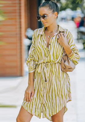 Women Spring Yellow Turn-down Collar Full Sleeves Striped Print Belted Loose Casual Dress