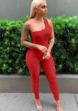 Women Summer Red Sexy One Shoulder Sleeveless Solid Full Length Skinny Jumpsuit