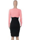 Women Spring Pink Sexy O-Neck Full Sleeves Patchwork Lace Up Knee-Length Bodycon Dress