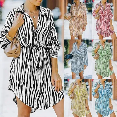 Women Summer Red Turn-down Collar Full Sleeves Striped Print Belted Mini Loose Casual Dress