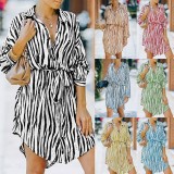 Women Spring Turn-down Collar Full Sleeves Striped Print Belted Mini Loose Casual Dress