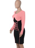 Women Spring Pink Sexy O-Neck Full Sleeves Patchwork Lace Up Knee-Length Bodycon Dress