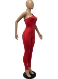 Women Summer Red Sexy One Shoulder Sleeveless Solid Full Length Skinny Jumpsuit