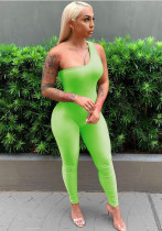 Women Summer Green Sexy One Shoulder Sleeveless Solid Full Length Skinny Jumpsuit