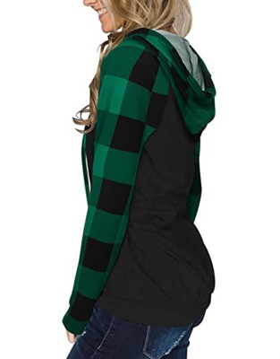 Women Spring Green Casual Hooded Full Sleeves Plaid Patchwork Regular Hoodies