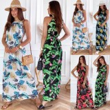 Women Summer Printed Sweet O-Neck Sleeveless Beach Maxi Dress