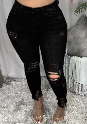 Women Spring Black Straight Ripped Jeans Pants
